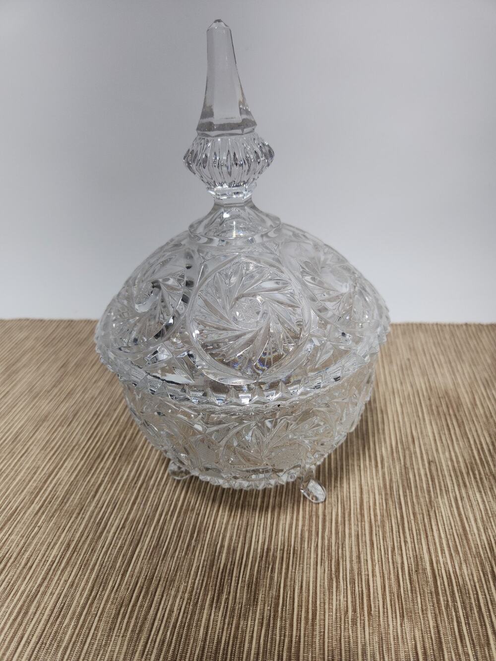 Vintage Cut Crystal Covered Candy Dish 3 Footed Lidded Trinket Bowl Pinwheel